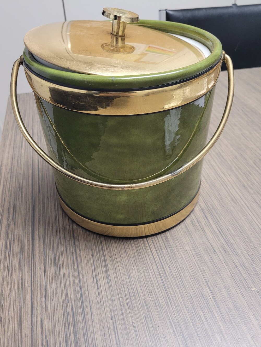 Kraftware Green Ceramic Ice Bucket with Brass Accents